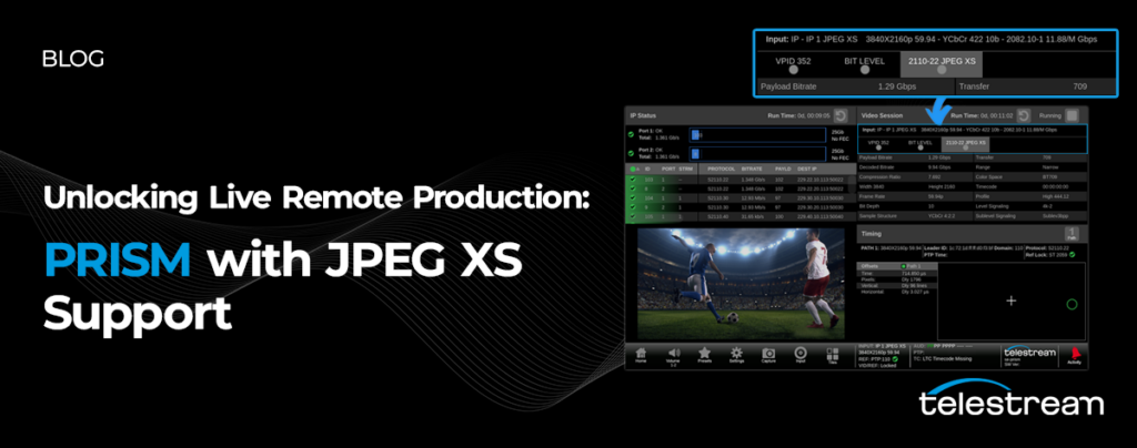 A promotional graphic showcasing Telestream's PRISM with JPEG XS support for live remote production. The image features a user interface displaying video input details, including resolution and bitrate, alongside a soccer match preview. The text reads, "Unlocking Live Remote Production: PRISM with JPEG XS Support," with the Telestream logo at the bottom right.