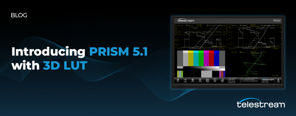 A promotional image showcasing Telestream's PRISM 5.1, featuring advanced 3D LUT capabilities for precise color grading and monitoring. The display shows waveform and vector scope visuals alongside color bars, set against a sleek dark background with the Telestream logo.
